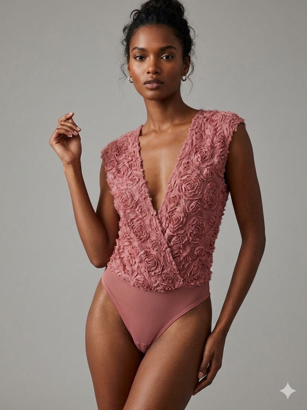 Intimately Free People "2 Haute 2 Handle" Rosette Lace Bodysuit Mauve/Dusty Rose